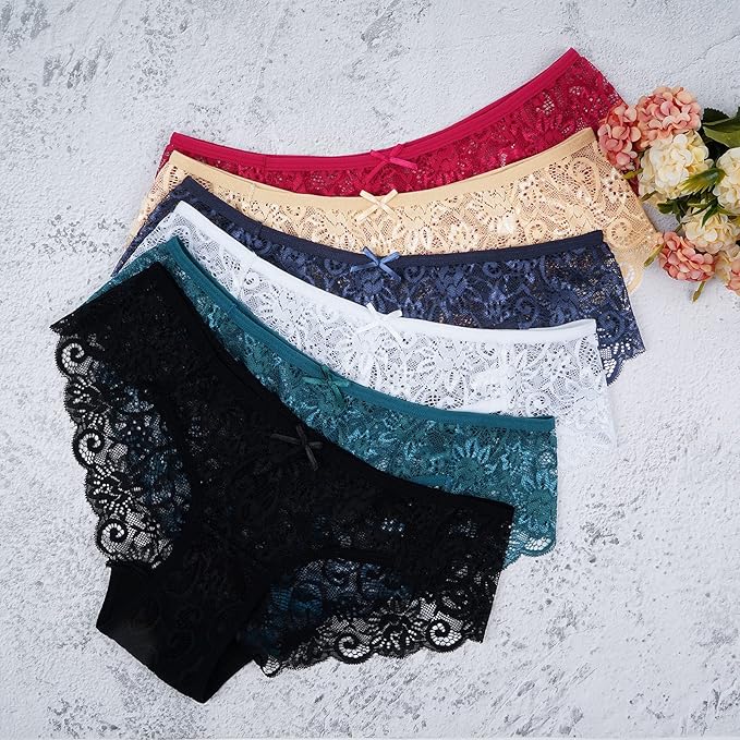 DRESSABLY 6 Pack Womens Underwear Invisible Seamless Bikini Lace Underwear Half Back Coverage Panties