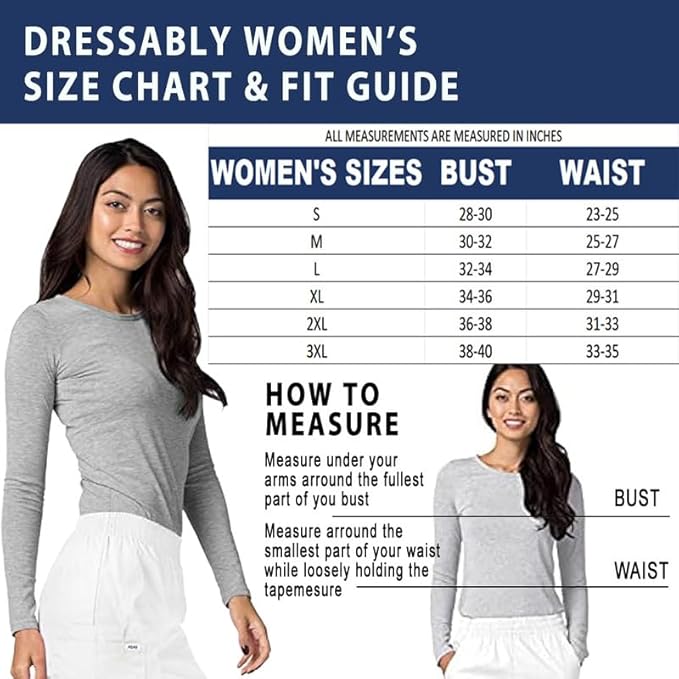 Dressably Women's Longsleeve Underscrub, Soft, Breathable Comfort Long Sleeve T-ShirtUnderscrub Tee