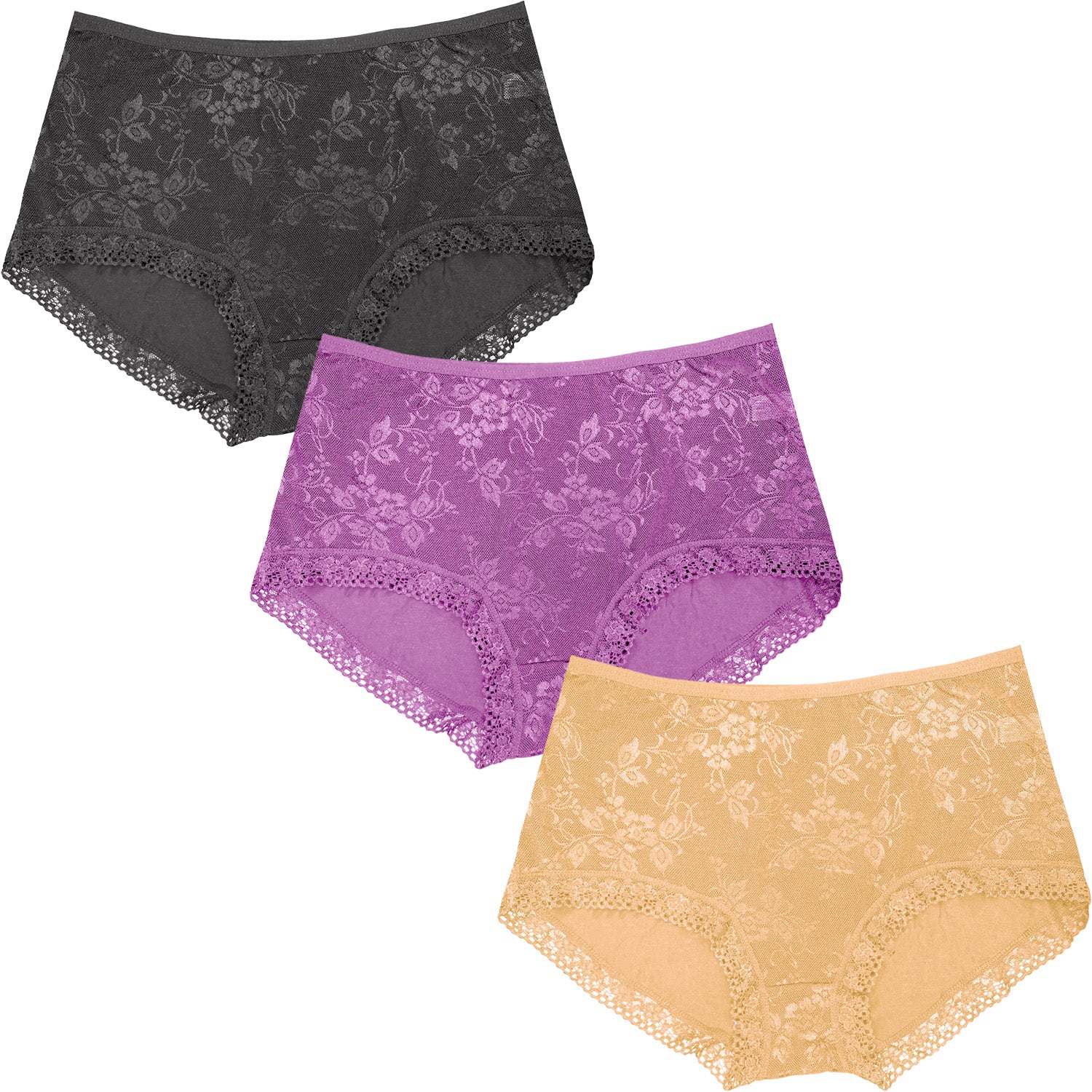 Dressably Women Girls Full Coverage Lace Hipster Panty Underwear Briefs (Pack of 3)